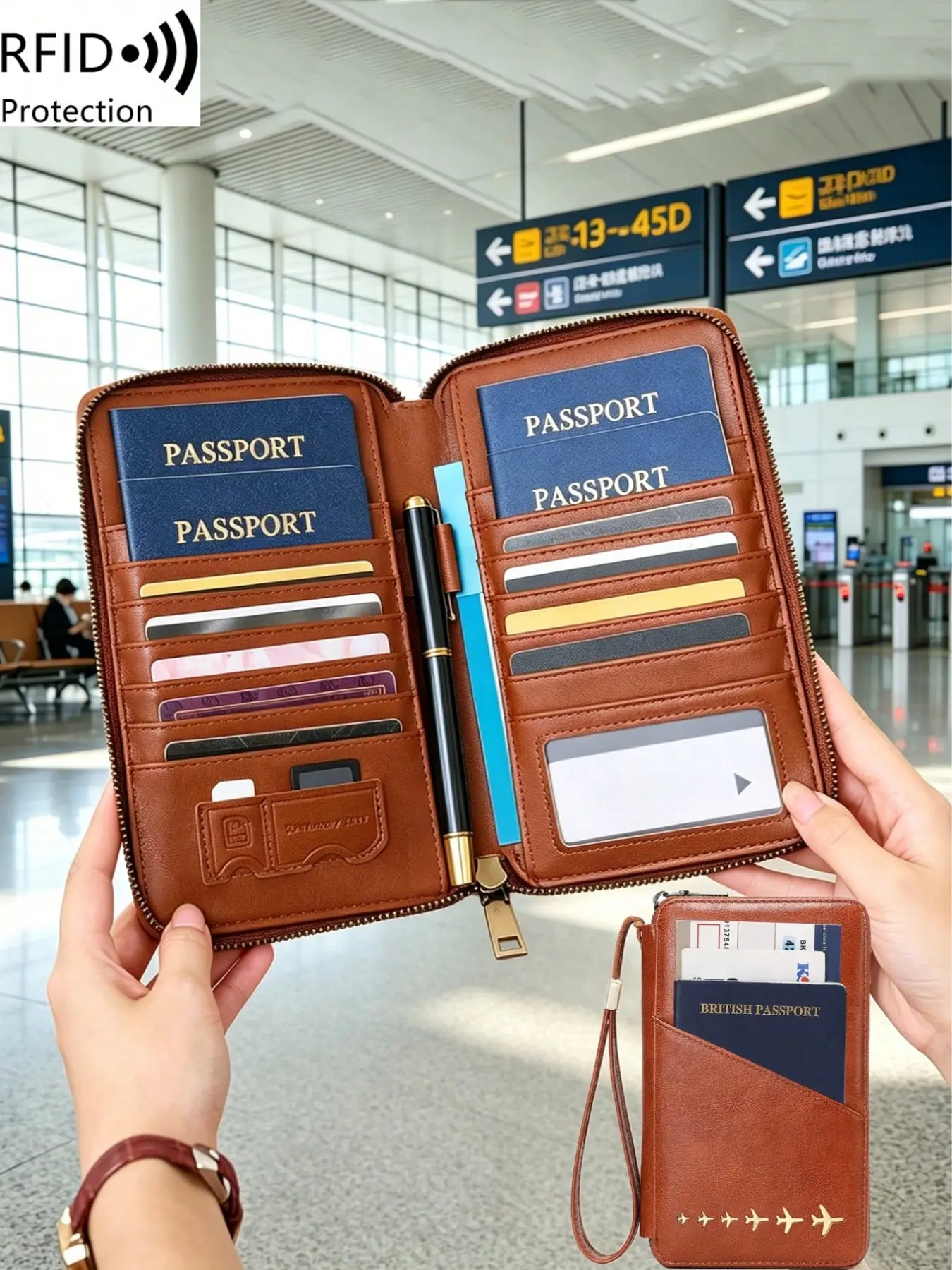 Airplane Print Multi-Functional Passport Holder, RFID Blocking Unisex Travel Wallet With Multiple Card Slots, Holds Multiple Passports, Travel Ticket & Document Organizer With Wrist Strap, Ideal For Trips & Vacations