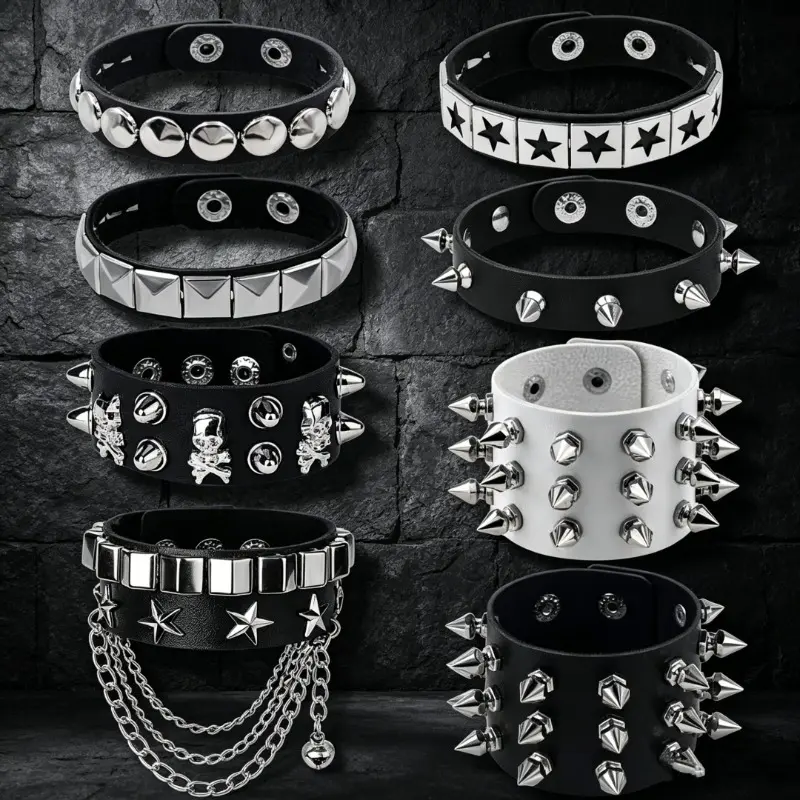 Unisex 8Pcs Gothic Punk PU Leather Bracelets Matching Set - Spiked Rivets Wide Cuff Wristbands with Skull Star Chain, Edgy Costume Jewelry Gifts for Halloween, Daily Wear