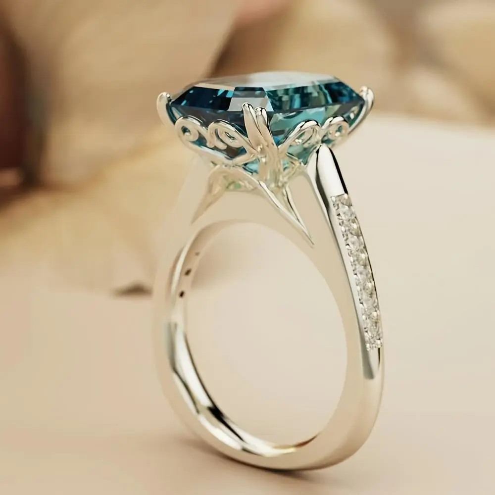 [Synthetic Engagement Ring] Luxurious Exquisite Fashion Cut Square Green Synthetic Engagement Wedding Ring - Elegant Noble Princess Romantic Proposal Promise Jewelry Gift for Teenager, For Teenager