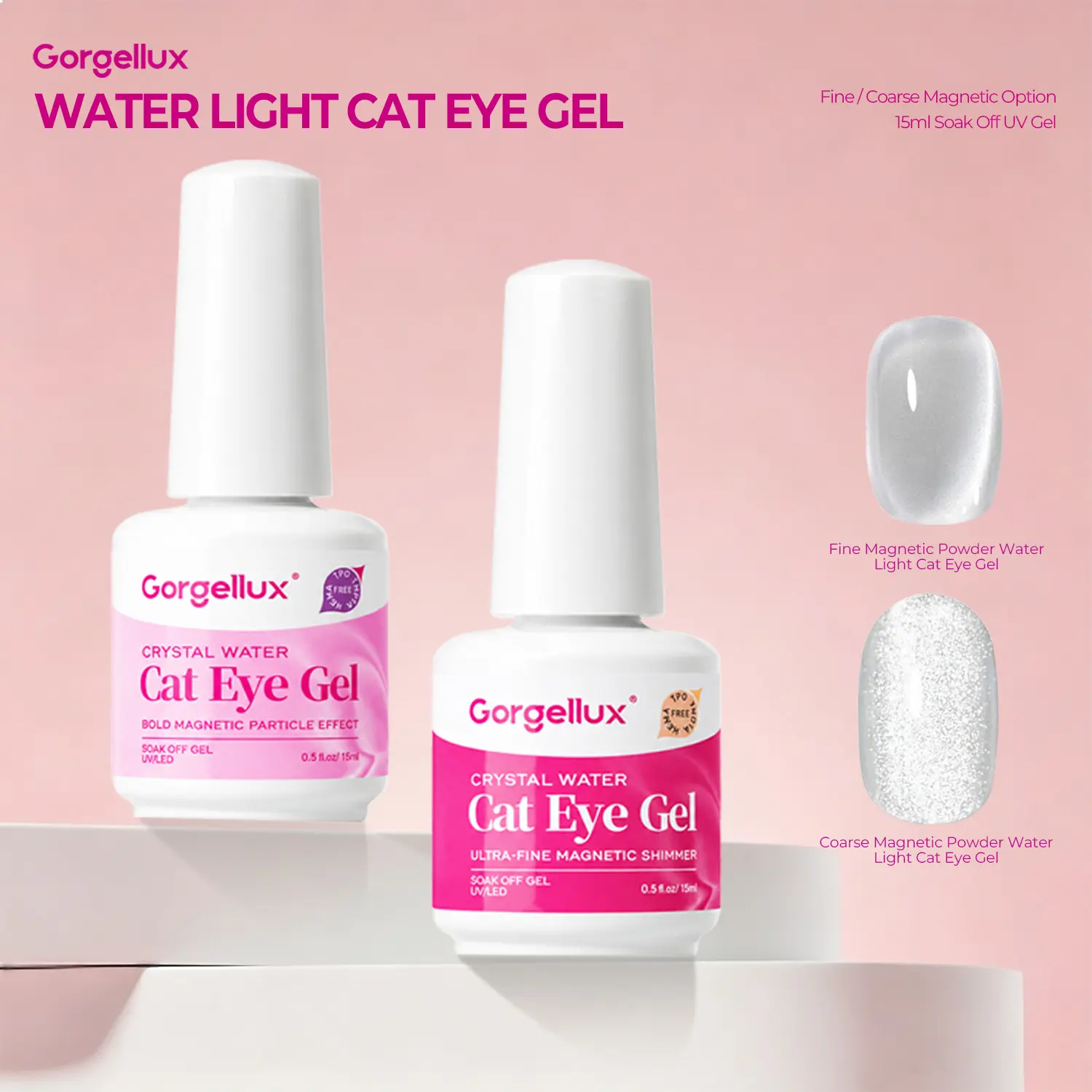 Water Light Cat Eye Gel Set Fine and Coarse Magnetic Powder Clear Shimmer UV LED Gel Polish for DIY Salon Manicure 15ml x 2 Bottles