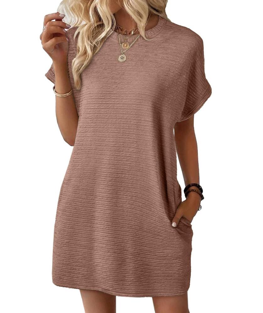 2026 Summer New Loose Crew Neck Pocket Solid Color Short Sleeve Dress for Women Casual Daily Wear Mini Dress