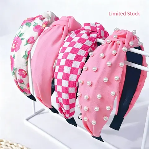 Elegant Women's Wide Headband Set, Faux Pearl Headbands in Floral Print, Plaid & Solid Colors, Knotted Design, Chic All-Season Fashion Hair Accessories