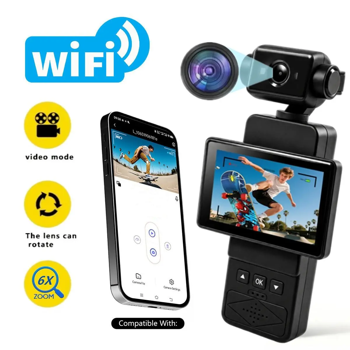 HD Portable Camera, WiFi Sports Camera, Sports Action Camera, Handheld Streaming Camcorder, 270° Rotating Head, 2.78 Inch Display, 1gb-32GB Card