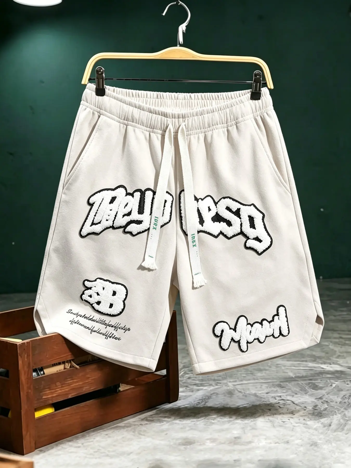 Men's Summer Suede Shorts, American Street Style, Casual, Embroidered Towel Patch, Must-Have Dopamine, Loose-Fitting, Unlined, Fashionable Summer Shorts
