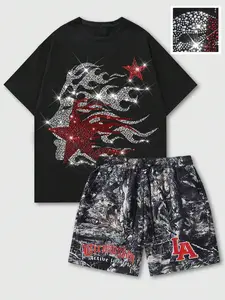 Men's Casual 2-Piece Short Sleeve & Shorts Set, American High Street Rhinestone Suit, Flame Star Design, Camo Leaf Print, Comfortable Fit