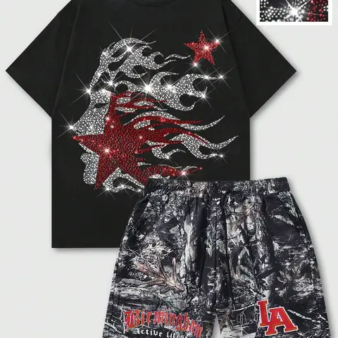 Men's Casual 2-Piece Short Sleeve & Shorts Set, High Street Rhinestone Outfit, Flame Star Graphic & Camouflage Leaf Print, Comfortable Fit, Streetwear, Style Set