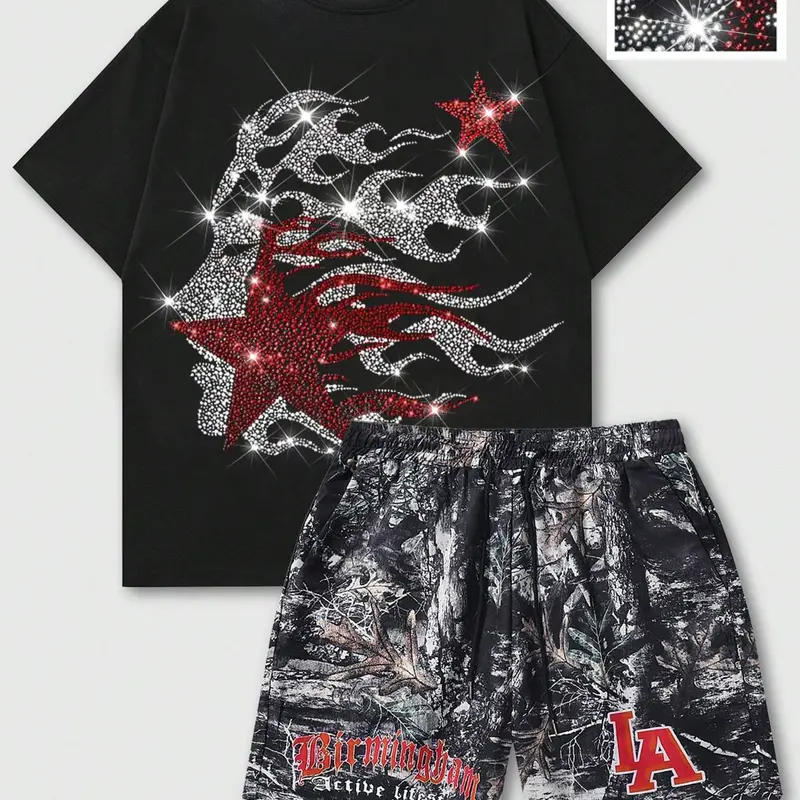 Men's Casual 2-Piece Short Sleeve & Shorts Set, High Street Rhinestone Outfit, Flame Star Graphic & Camouflage Leaf Print, Comfortable Fit, Streetwear, Style Set