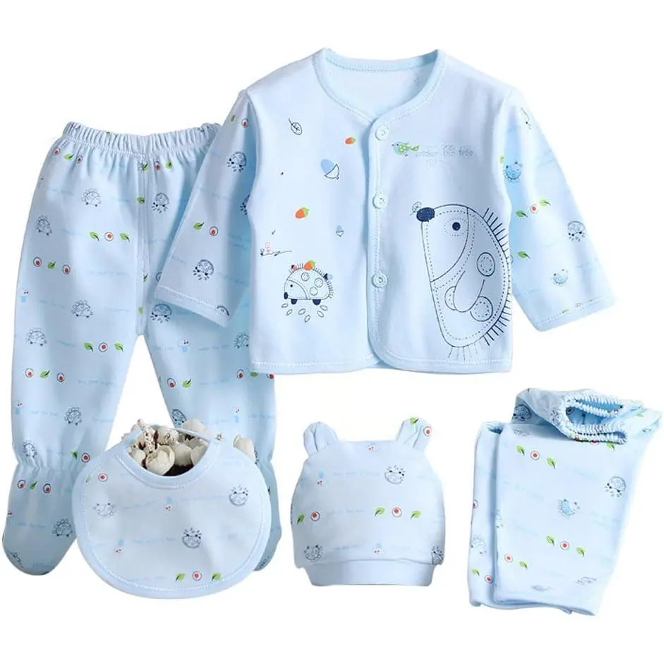 5PCS Newborn 0-3M Boys Girls Baby Cotton Clothes Tops Hat Pants Suit Outfit Sets OneSize