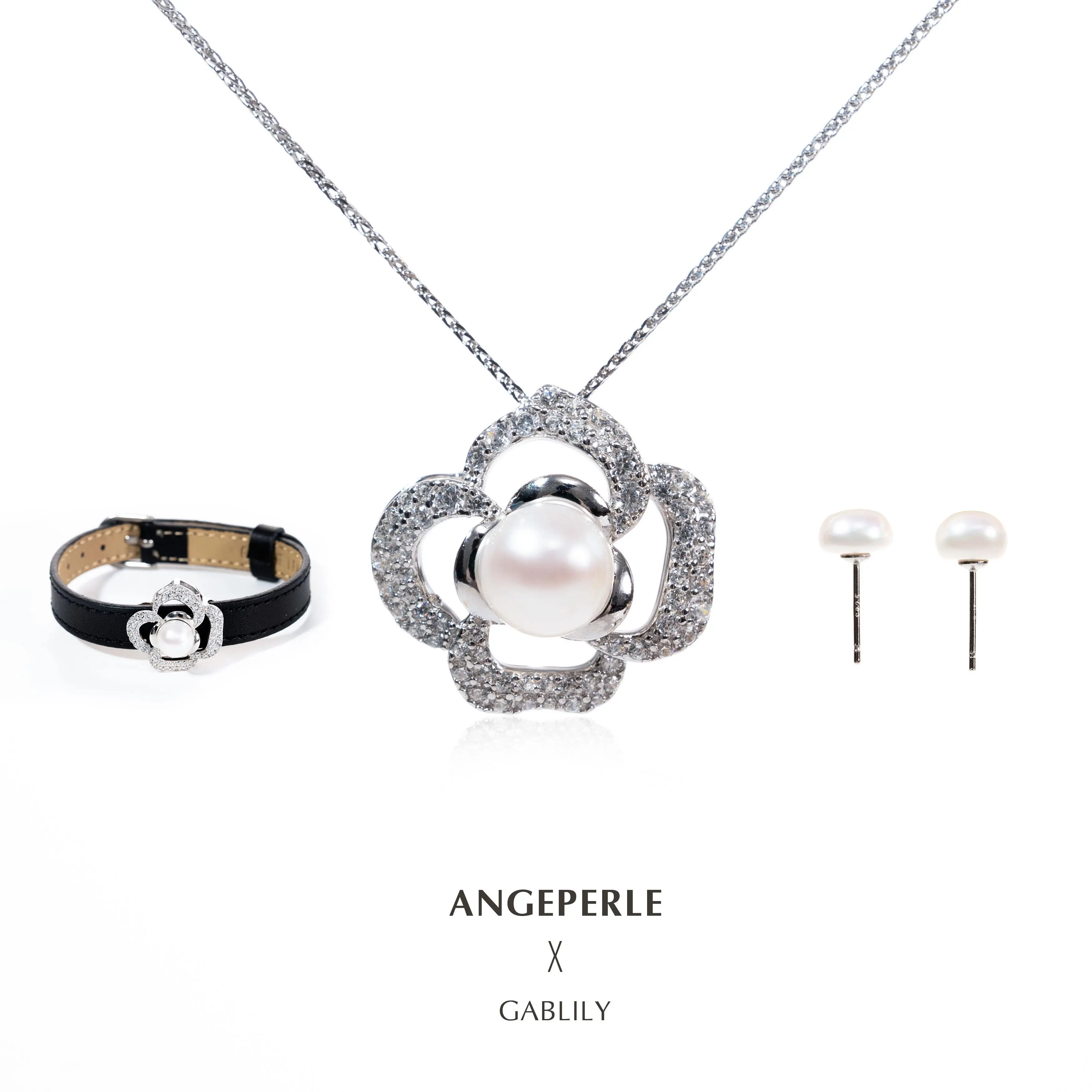 ANGEPERLE S925 Silver Freshwater Pearl Set (Gablily) - Dual-Use Pendant, Matching 7-8mm Stud Earrings & Wristband, Jewelry Set TSJCY562
