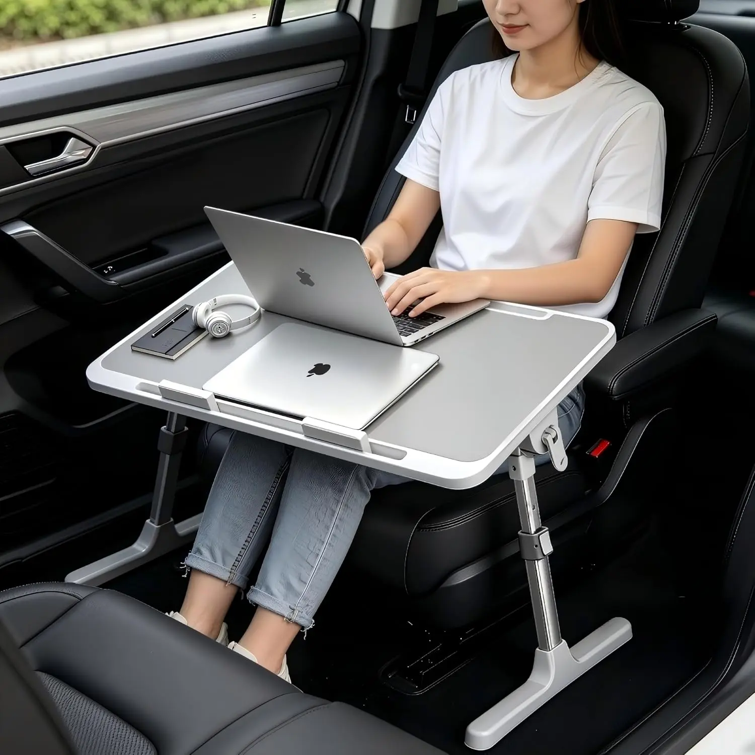 Large  Seat Tray Table, 22.5"×12.6" Foldable Travel Table in , Height Adjustable Lap Bed Desk for Laptop, Rear Seat Eating Writing Tray with Slot,  Travel Essentials for Long Trips, Grey