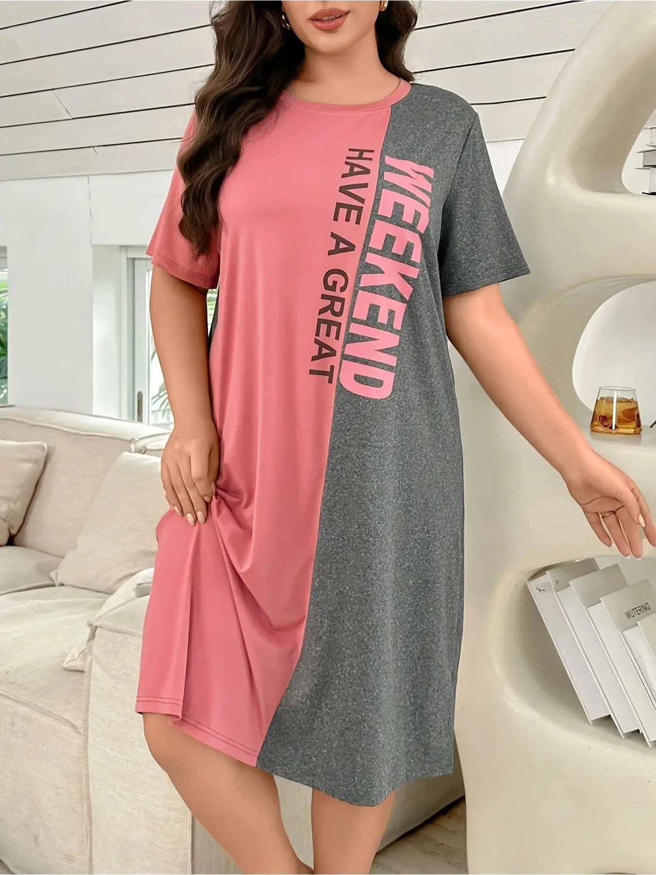 Plus Size Color Block Nightgown Women Letter Print Loose Soft Skin Friendly Loungewear Dress