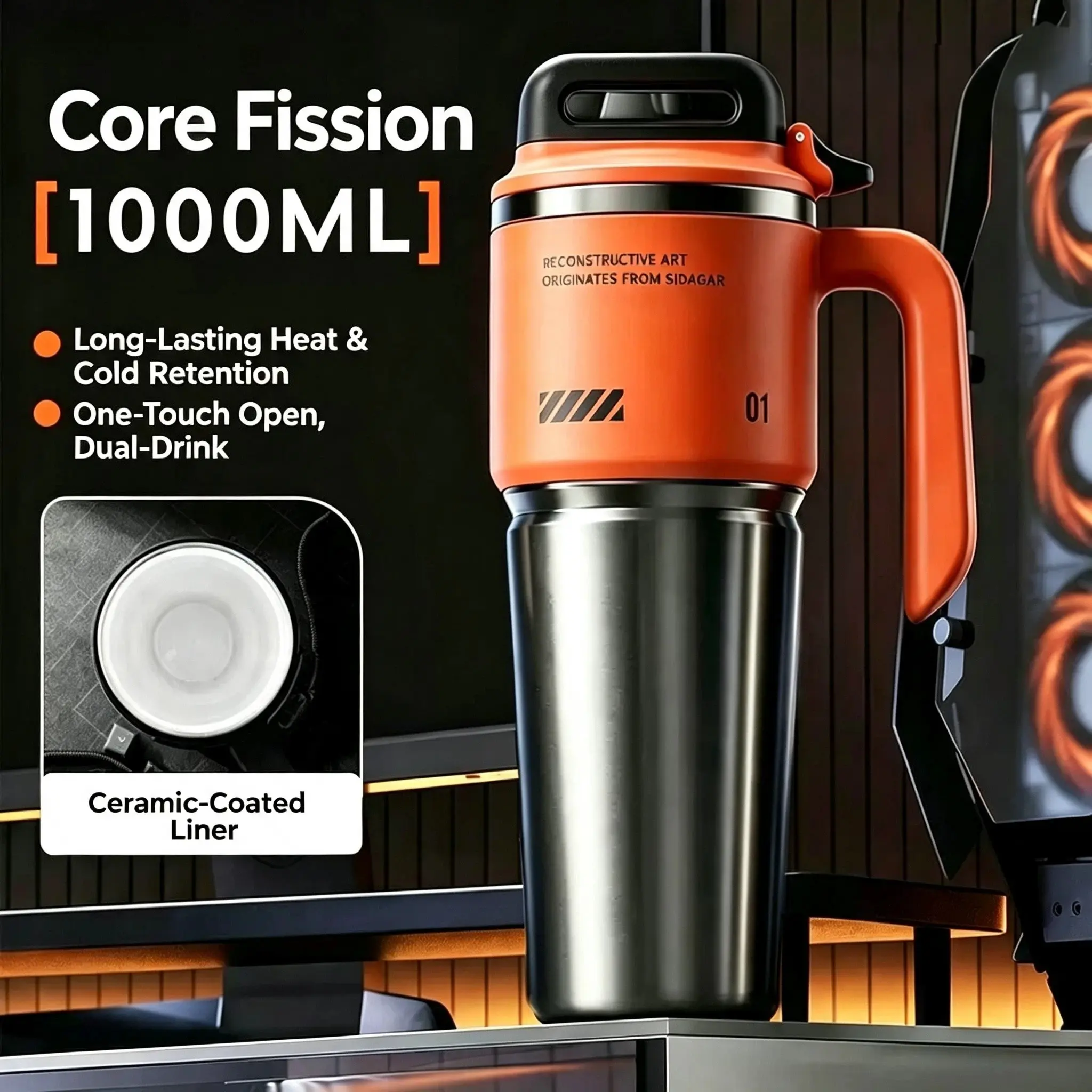 Cyber Car Cup, Insulated and Cold-Proof, One-Button Lid, Ceramic Lining, 1000ML Large Capacity, Perfect for On-The-Go Use