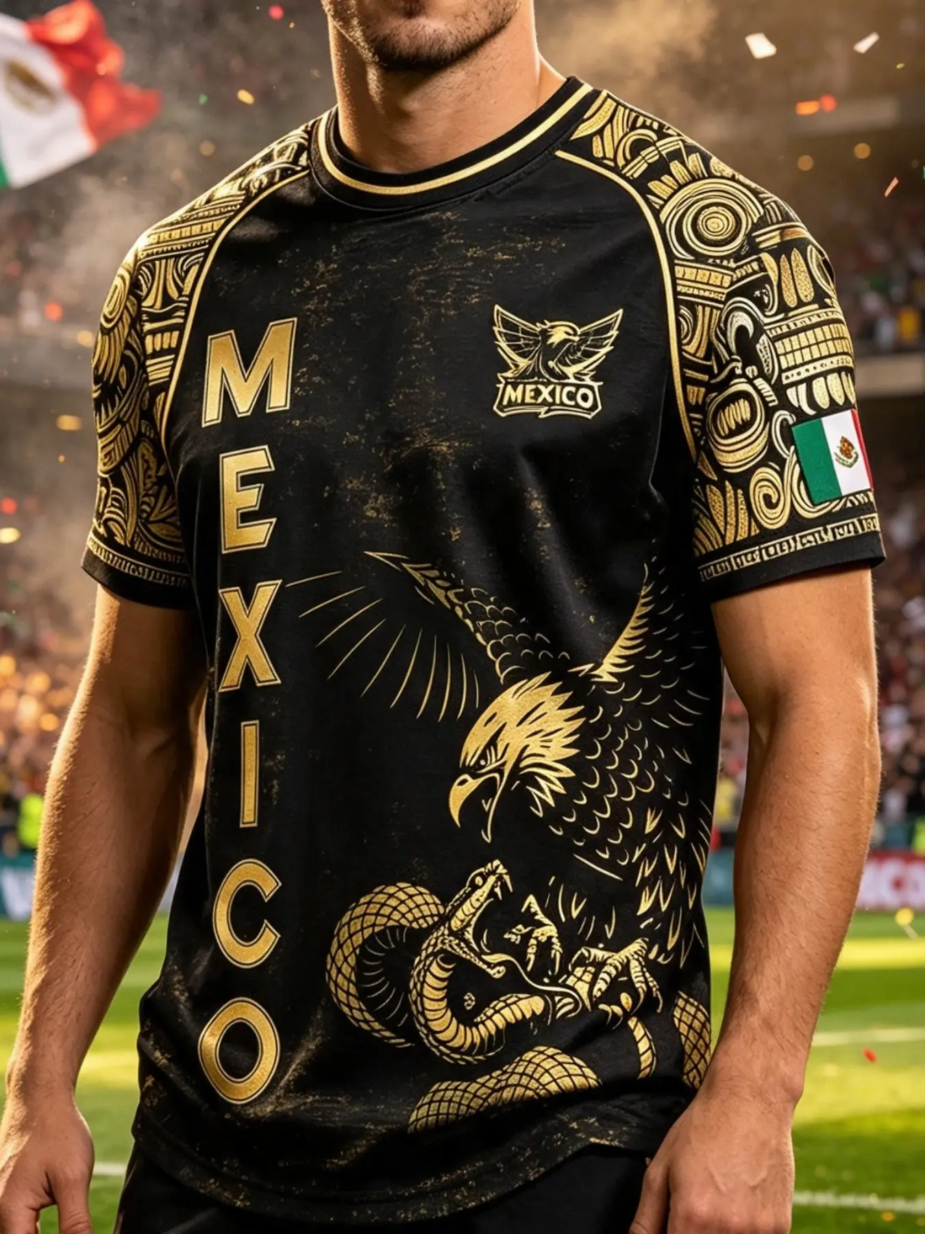 Mexican Gold Eagle Aztec Totem Soccer Jersey Men, Eagle Snake Emblem Print, Quick-Dry Short Sleeve, Casual Loose-Fit, All Seasons