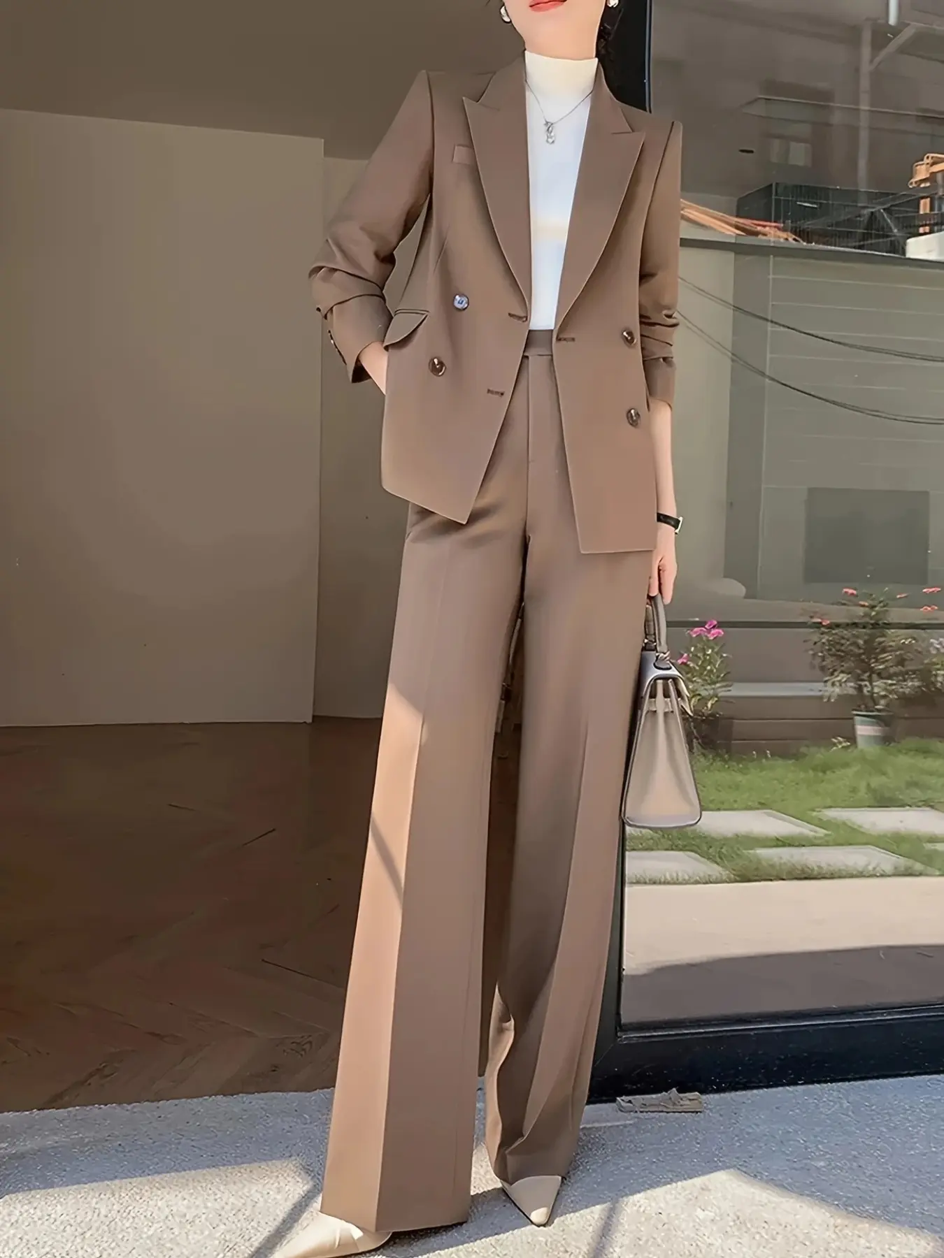 Elegant Business Set, Two-Piece Suit Blazer Jacket and Pants, Double-Breasted Design, Professional Formal Office Wear, Fashionable Commuter Clothing