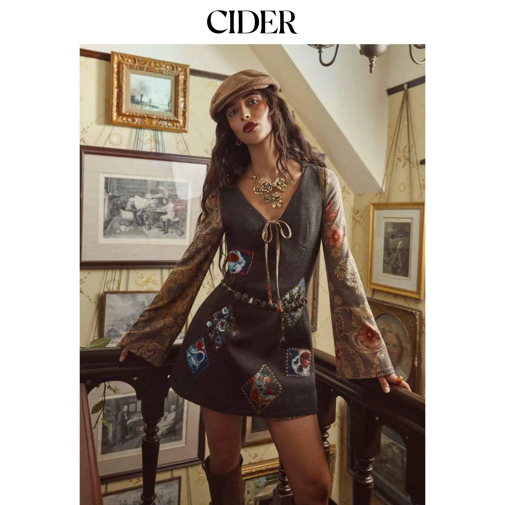 Cider [size 0-26] Wool-look V-neck Oil Painting Applique Mini Dress SohoChic