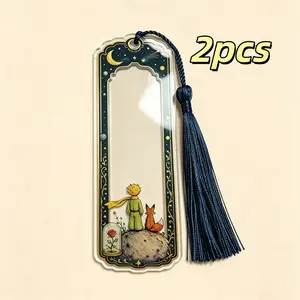 2 Piece Set 2D Acrylic Bookmarks, Transparent Hollow Design, Retro Starry Rose Fox Theme, Literary Fairy Tale Style, 5.9x1.7 Inches