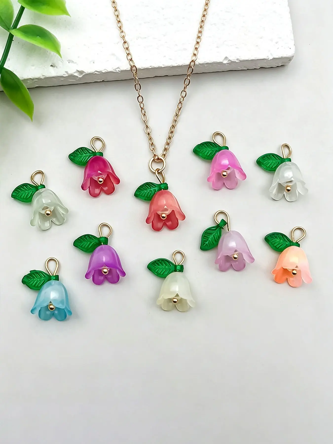 10pcs Acrylic Handmade Green Leaf Bell Orchid Pendant Colorful Charms For DIY Jewelry Making Necklace keychain Earring Craft Supplie