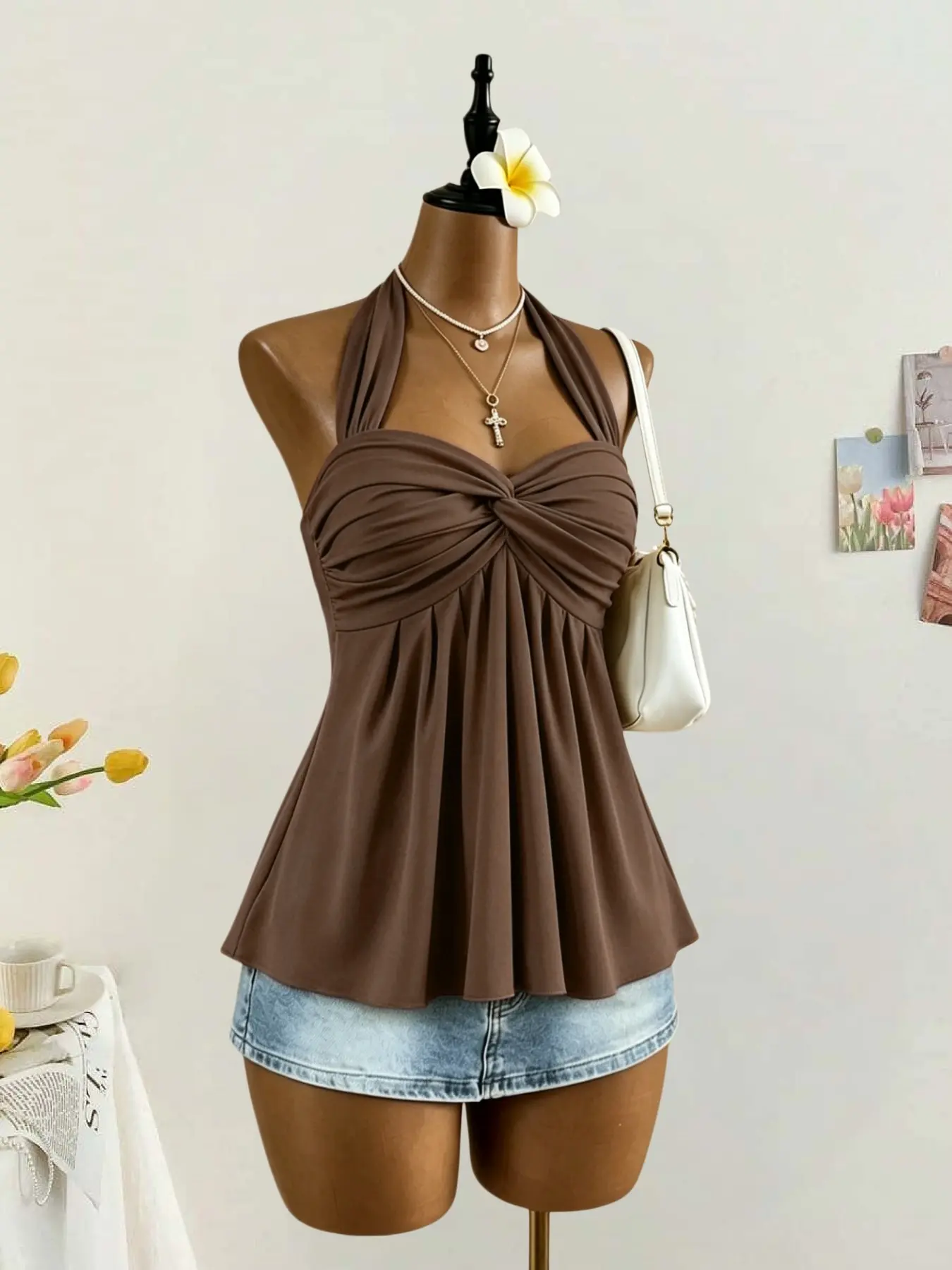 Women's Solid Color Halter Neck Tie Front Pleated Tank Top, Loose Fit Sleeveless Vest, High Elastic Soft Knitted Casual Home Wear, Sexy Sleepwear for Daily Use