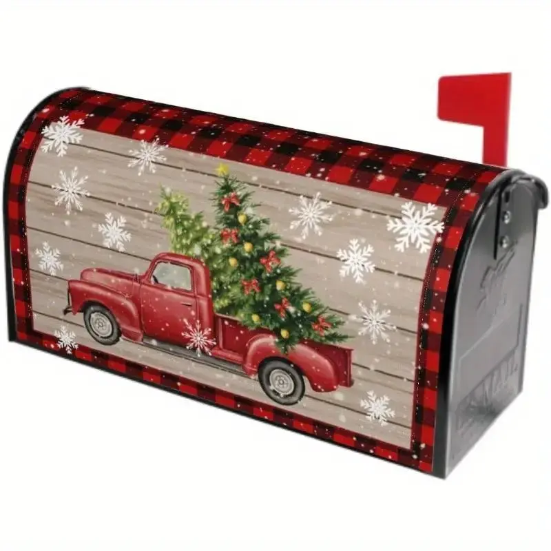Classic Plaid Christmas Mailbox Cover, 18x21 Inch Holiday Car Tree Snowflake Design, Durable Outdoor Decoration for Home Yard Garden