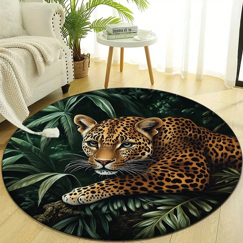 Round Jungle Leopard Print Mat | Vibrant Flannel Polyester | Non-Slip Backing | Machine Washable | Ideal for Bedroom & Living Room Decor | Boho Area Rug