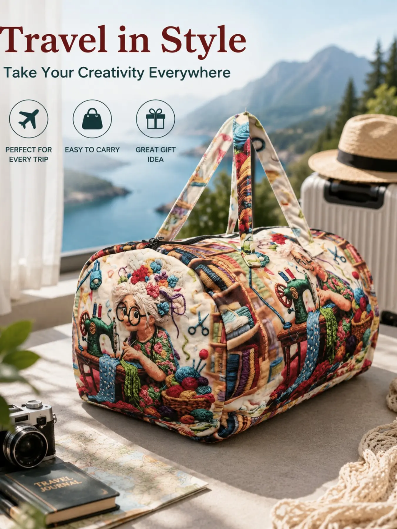 1 Piece Vintage Sewing Grandma Craft Workshop Lightweight Duffel Weekender Bag, All Over Matching Print Wide Handles Large Capacity Tote for Craft Lovers Camping, Gym & Short Trips