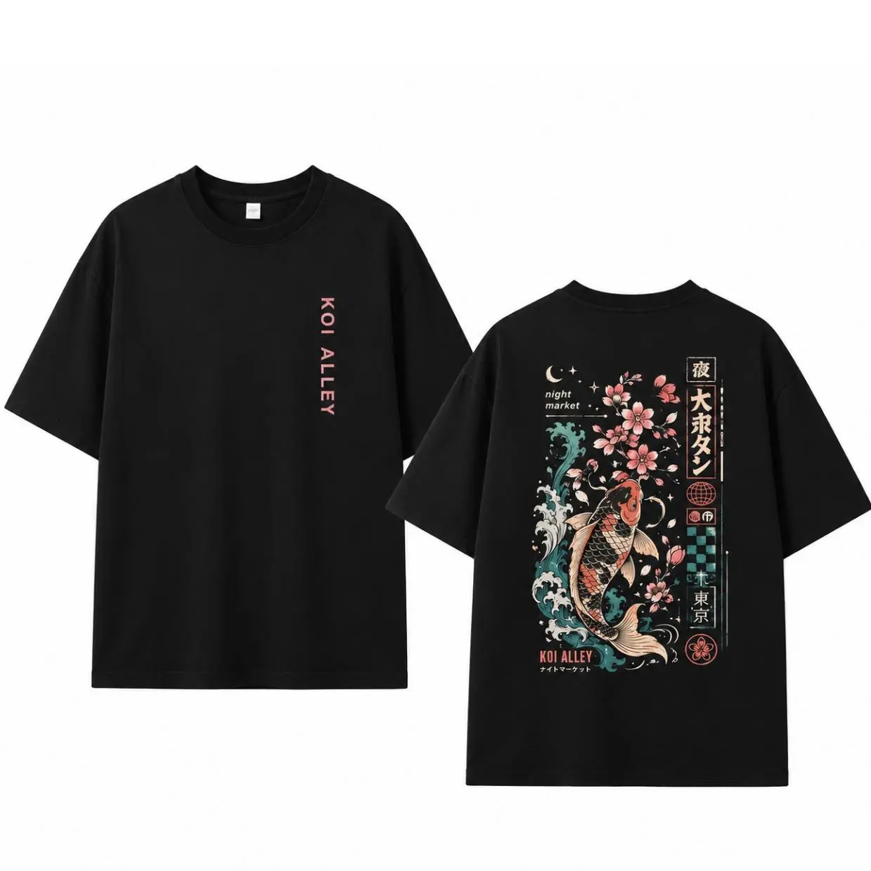 Koi Fish Graphic T-Shirt, Japanese Aesthetic Sakura Wave Tee, Oversized Streetwear Shirt for Men casual top