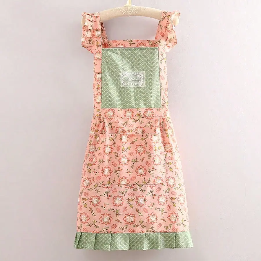 1pc Flying Sleeve Floral Apron Dress, Vintage French Style Kitchen Smock With Contrast Panel And Lace Patch, Sweet Maid Apron,For Gardening, Cooking.