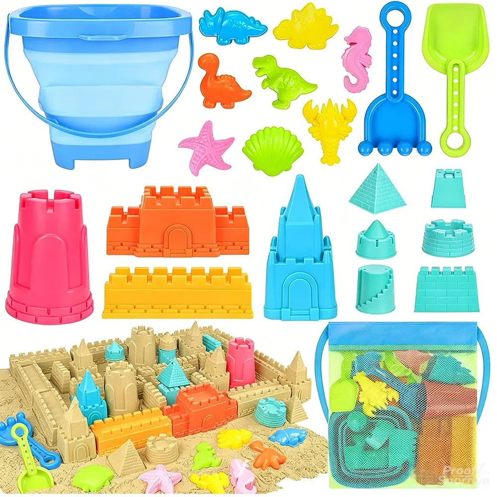 Collapsible Beach Toys for Kids and Toddlers, Including A Collapsible Sand Bucket and Shovel Set with A Mesh Bag, Travel Sandcastle Building Kit, Sandbox Toys, and Foldable Beach Essentials for Kids Aged 3-10.