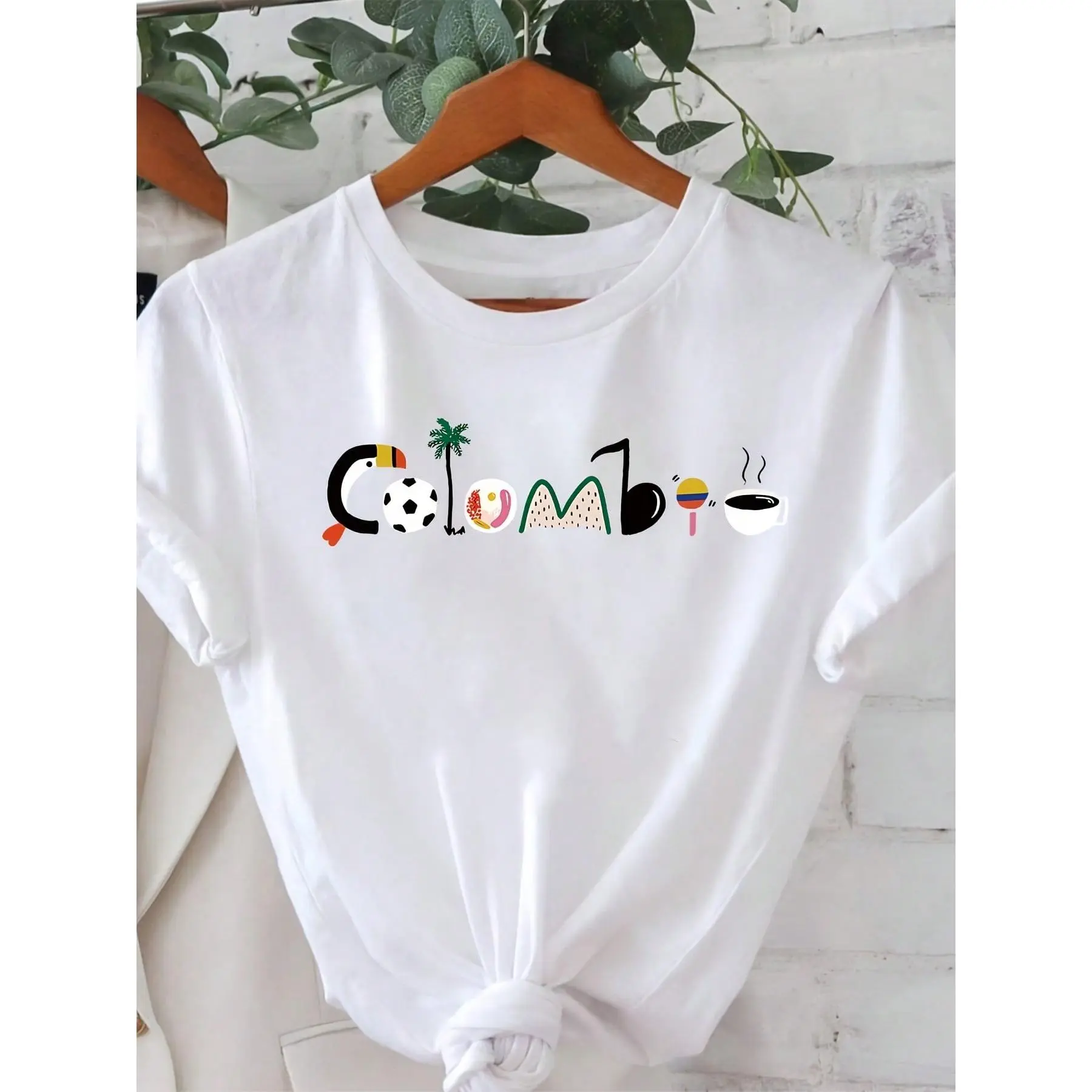 "Colombia" Colorful Colombian Style! Unique Letter Print T-Shirt For Women, Round Neck, Short Sleeve