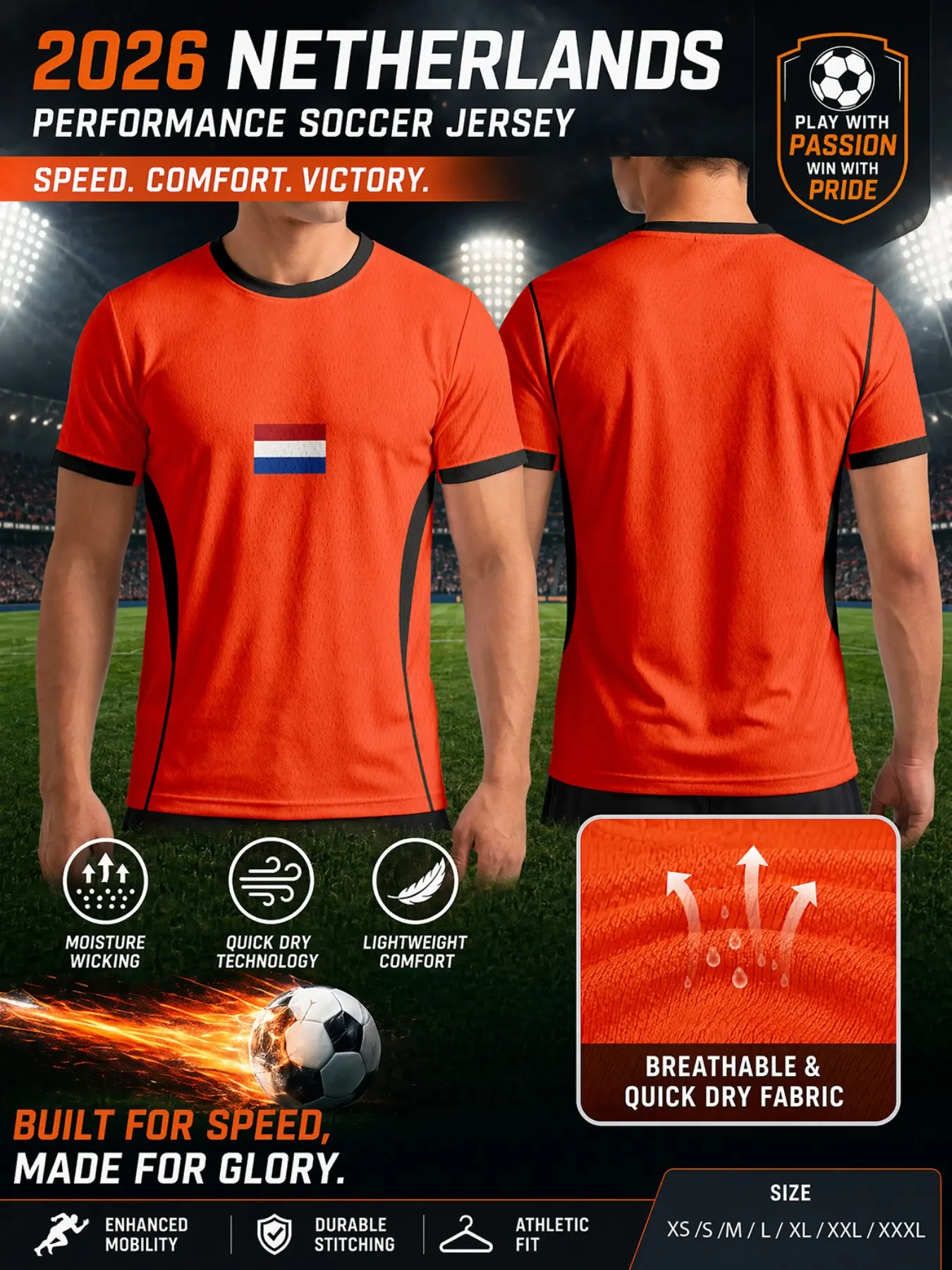 2026 Netherlands National Team Home Soccer Jersey, Bright Mesh Round Neck Button Vertical Side Outline, Quick Dry Breathable Lightweight