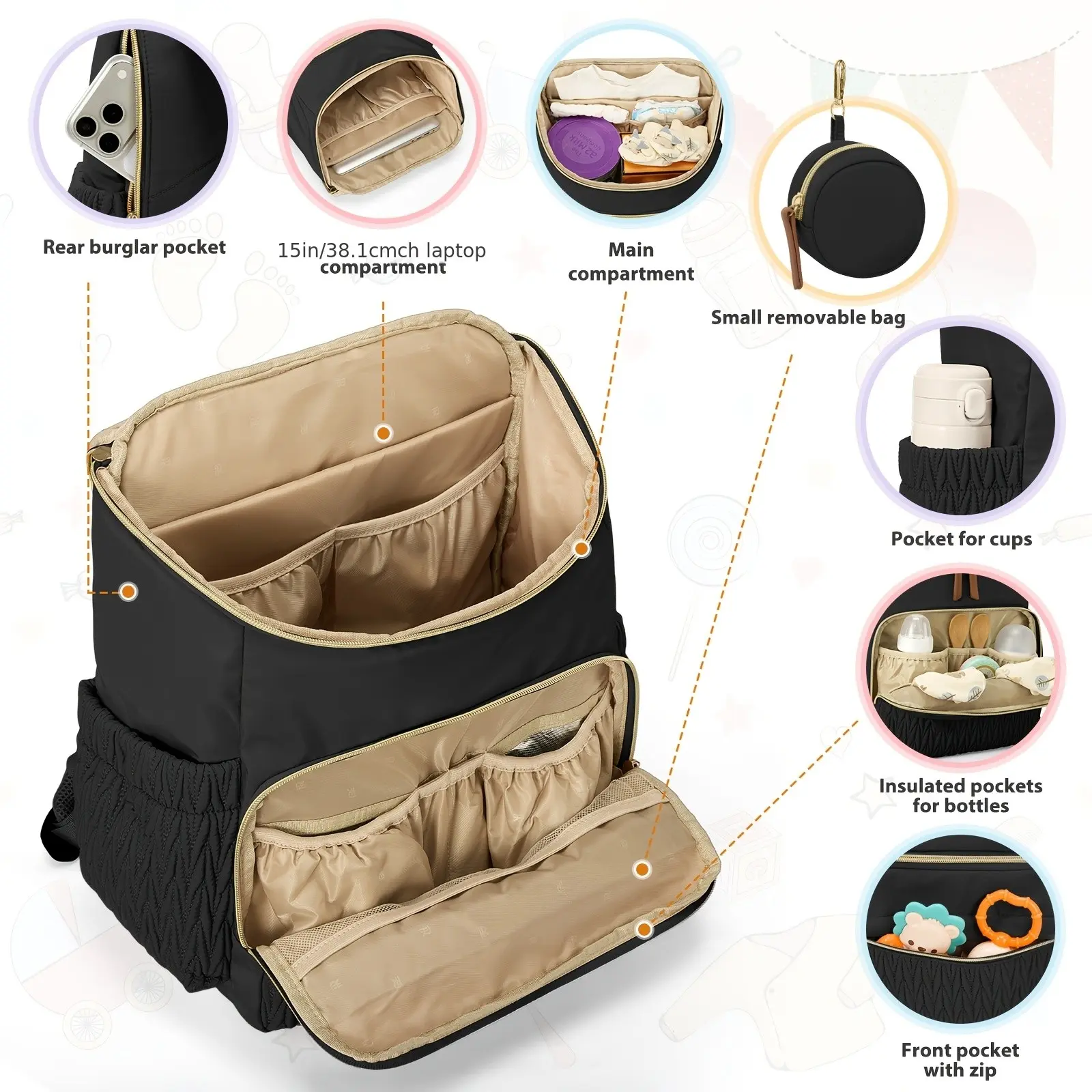 Diaper Backpack with Insulated Bottle Pocket & Pacifier Holder - Spacious Carrier Suitable for Travel, Car Strap & Suitcase Attachment, Soft Organizer with Zipper Closure, for Highchair to Diaper Bag