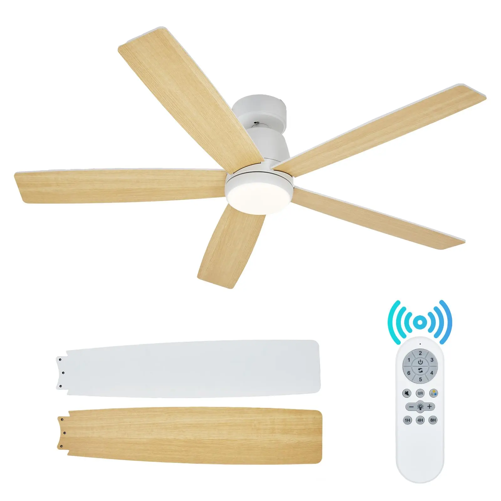52 Inch White Ceiling Fan with Light Five Blade Downrod Mount Wood Blade Remote Control Modern Ceiling Fan for Living Room Bedroom
