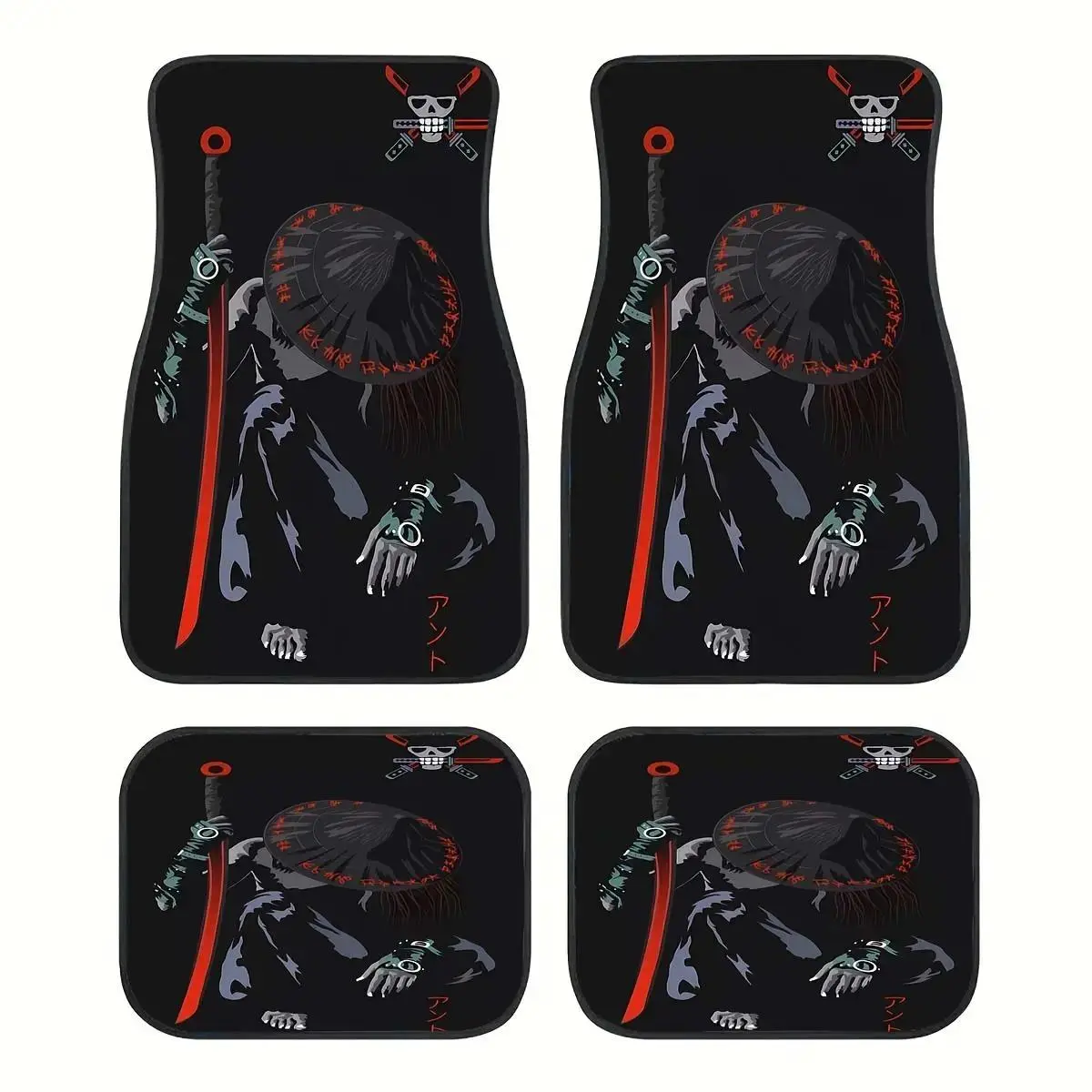 4pcs Anime Samurai Warrior Design Car Floor Mats - Full Coverage All-Weather Polyester, Non-Slip Soft Auto Parts Accessories, Bold Graphics, High-Quality Print, Durable for Cars, SUVs, Trucks, Sedans, Unique Gift for Vehicle Owners
