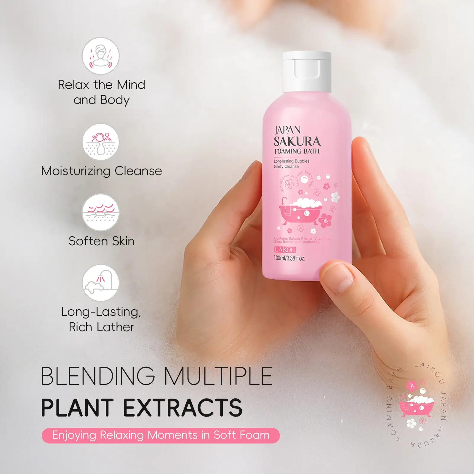 Sakura Foaming Bath 100ml Bubble Bath Soak, Rich Long-lasting Foam, Gently Cleanses Pores, Hydrating Moisturizing, Shea Butter Vitamin E Aloe Chamomile, Epsom Salt Relaxing Soak, Soft Smooth Skin, Balanced Skin Tone, Spa Night Self Care BathTok