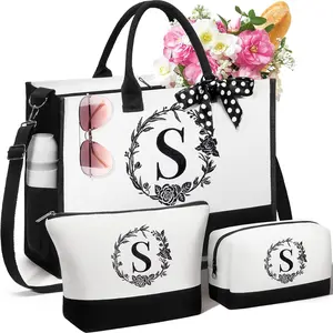 Personalized Gifts for Women, Initial Canvas Tote Bag & Makeup Bag Monogrammed Beach Tote Bags for Women w/ Zipper, Christmas Birthday Gifts for Mom Wife Girlfriend Sister Best Friend Daughter Teacher