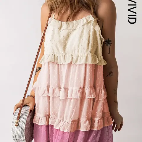 Women's Colorblock Swiss Dot Ruffled Trim Tie Back Cami Dress, Boho Fashion Cute Elegant Casual Spaghetti Strap Sleeveless Backless Short Dress for Summer Beach Holiday Vacation, Boho Casual Comfy, Boho Style Dress