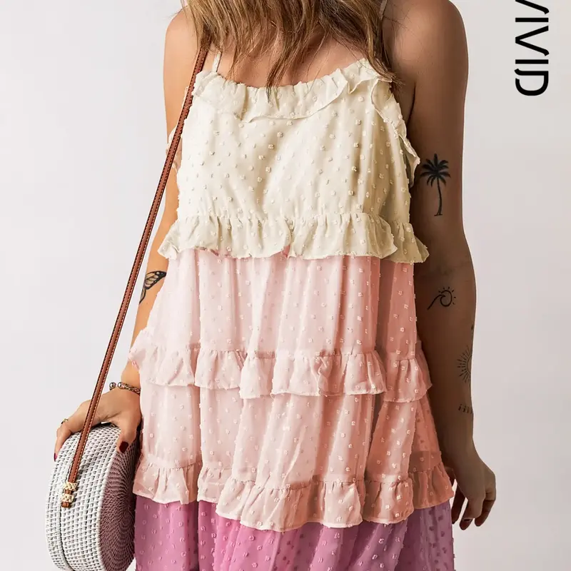 Women's Colorblock Swiss Dot Ruffled Trim Tie Back Cami Dress, Boho Fashion Cute Elegant Casual Spaghetti Strap Sleeveless Backless Short Dress for Summer Beach Holiday Vacation, Boho Casual Comfy, Boho Style Dress