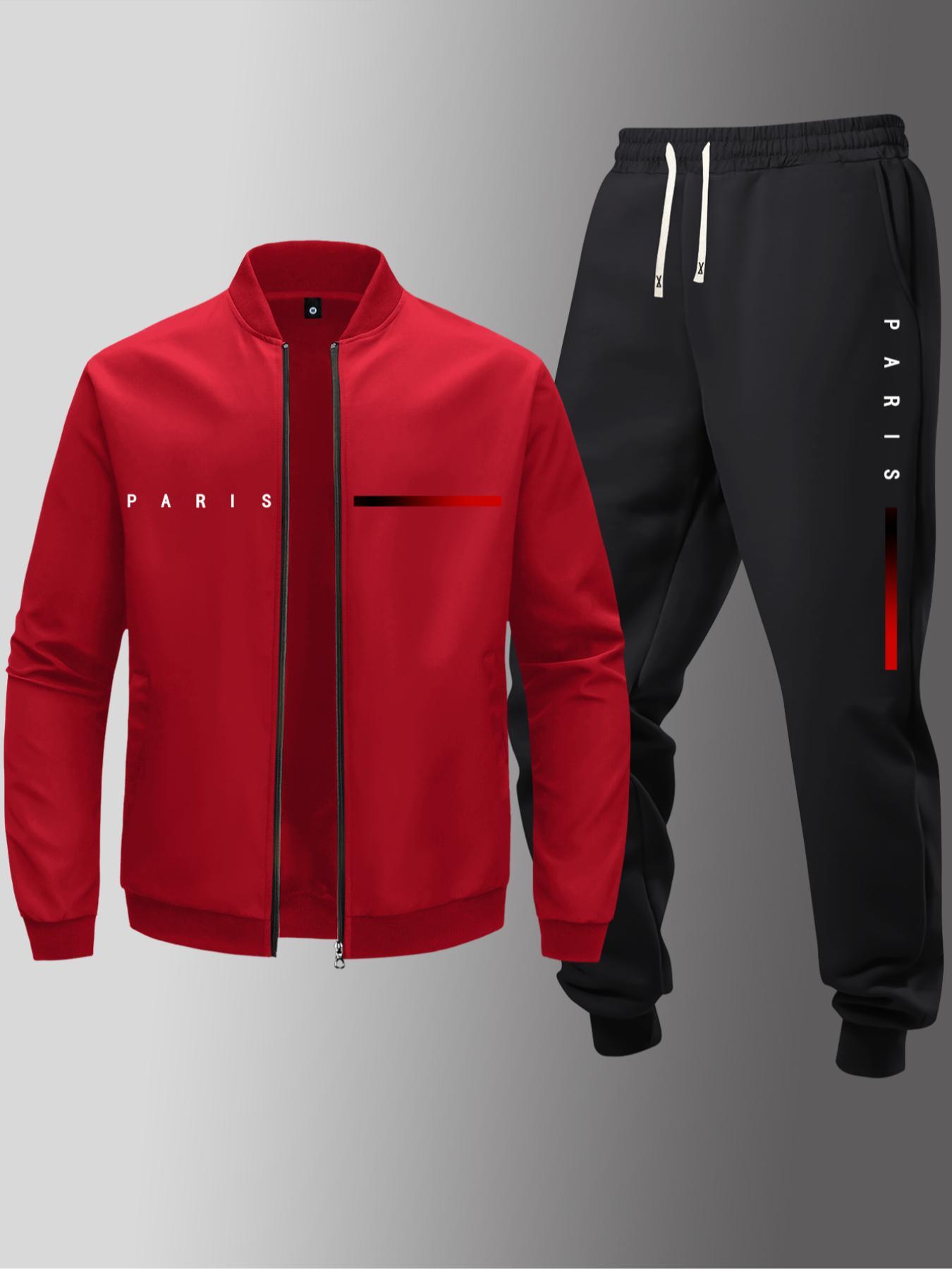 Men's Letter Print Zip Up Jacket & Elastic Waist Sweatpants Set, Regular Fit Cozy Breathable for Daily Outdoor Wear, Spring & Fall, Athletic Tracksuit, Casual Sportswear, Streetwear Tracksuit Set, Sweatsuit Set, Athleisure Sweatsuit, Training Tracksuit