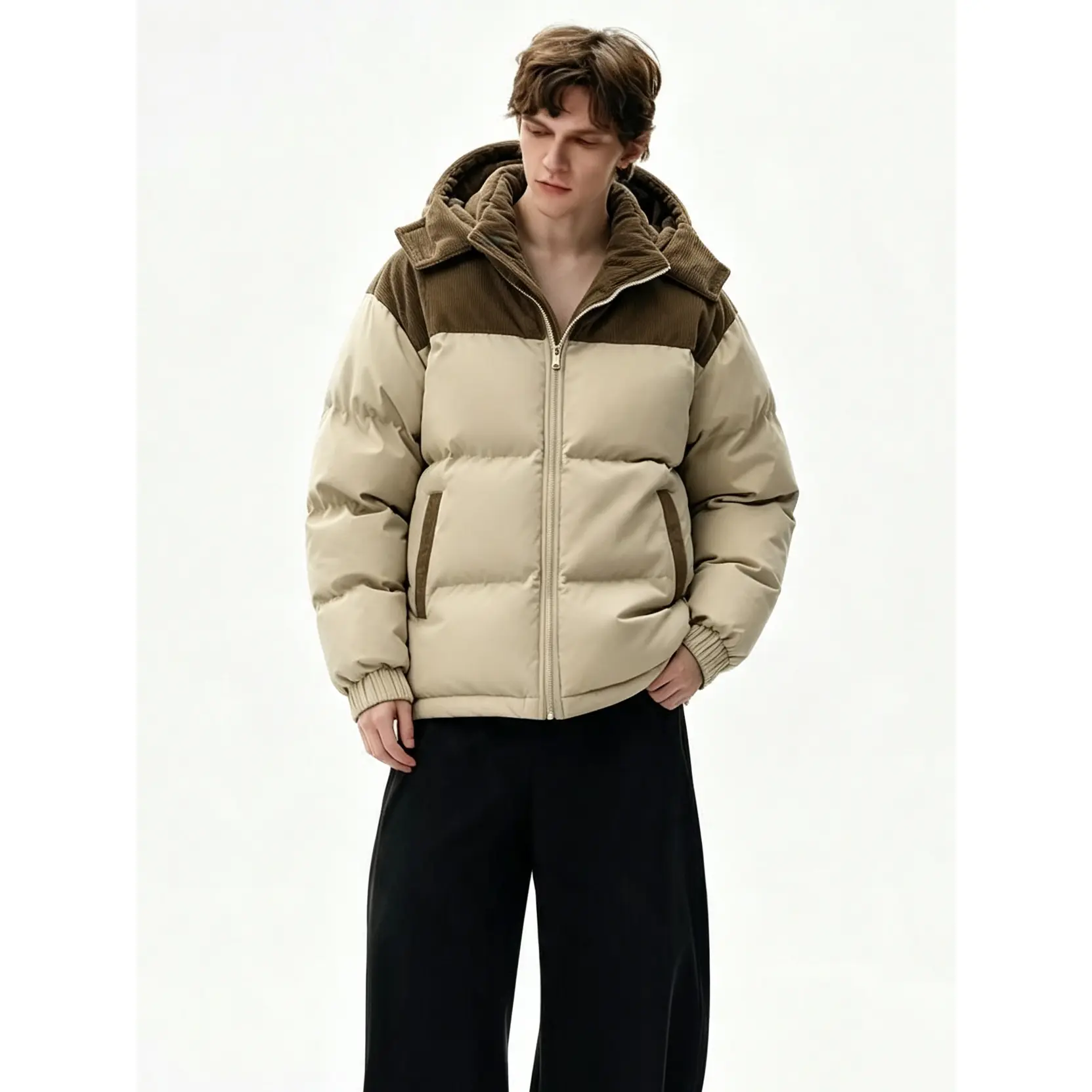 Men's Hooded Full-Zip Thick Warm Down Jacket - Plain Solid Color, Regular-Fit, Long-Sleeves Tops, Easy-Care Cold-Weather Outerwear with Stylish Beige Zipper