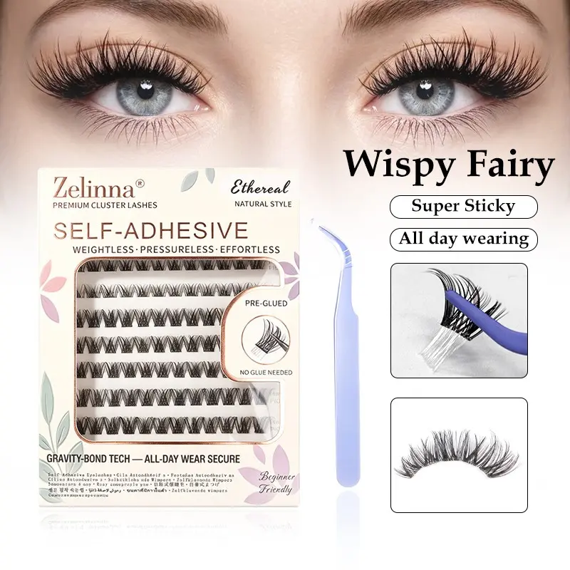 Zelinna Whispy Fairy Glueless Lash Clusters, Wispy Volume Self-Adhesive Pre-Glued Press-On Lashes, DIY Lash Extensions for Easy Application