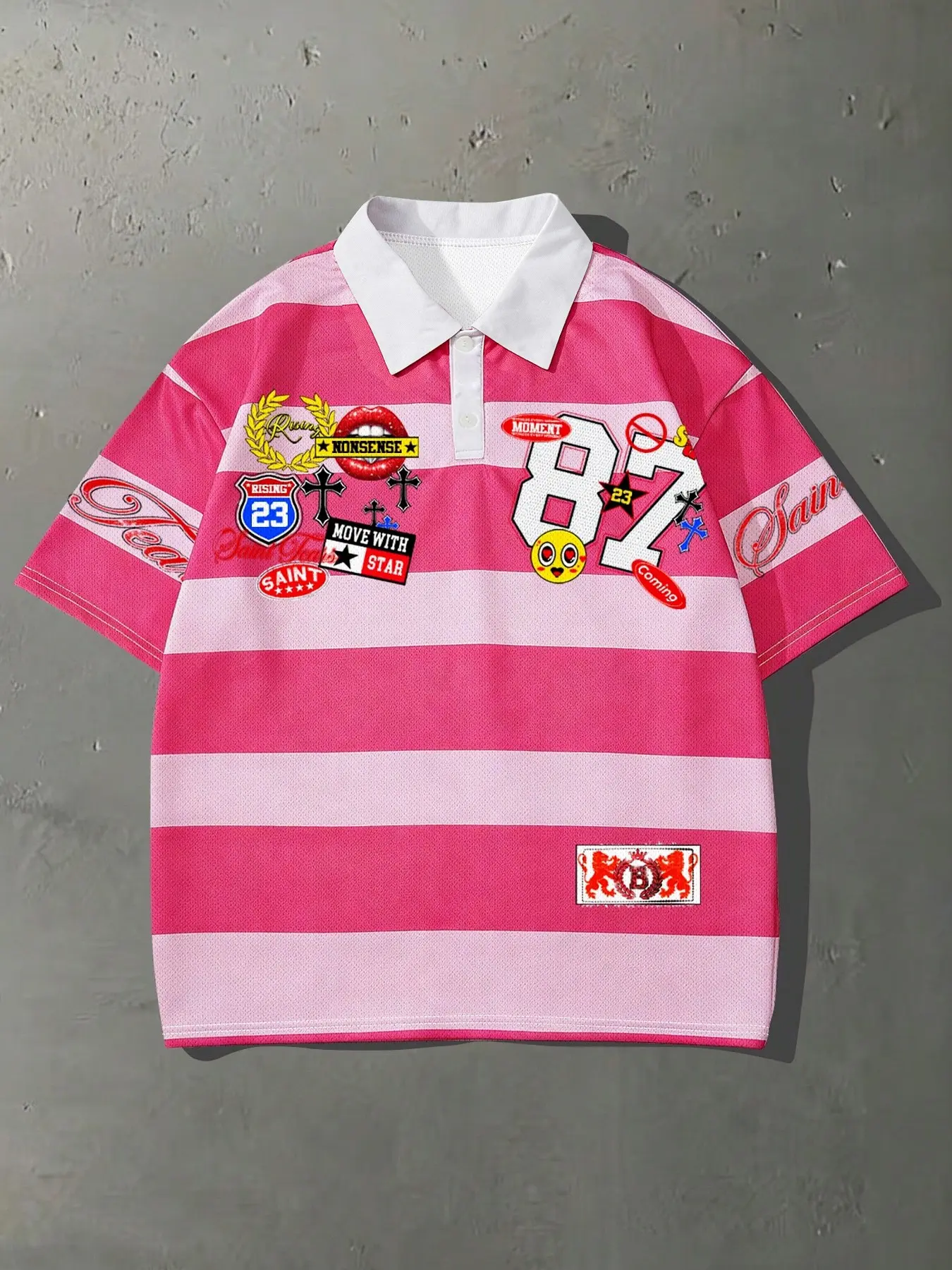 Unisex Striped Badge Print Polo Shirt, Loose-Fit Y2K Streetwear, Casual Short Sleeve T-Shirt for Daily Wear, Campus Style