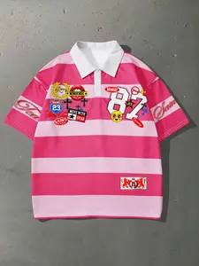 Unisex Striped Badge Print Polo Shirt, Loose-Fit Y2K Streetwear, Casual Short Sleeve T-Shirt for Daily Wear, Campus Style