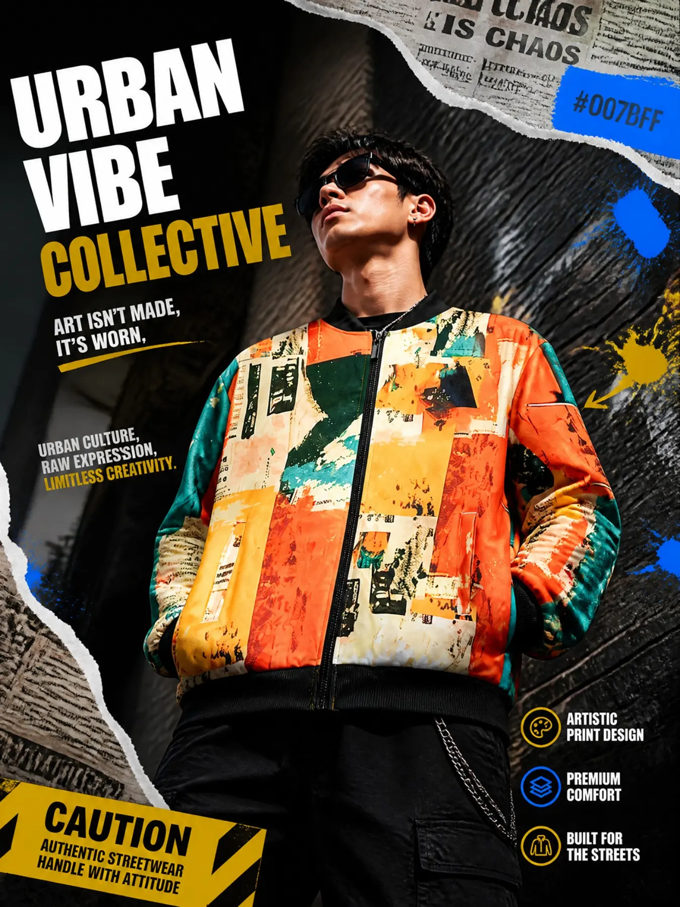 Men's Newspaper Print Bomber Jacket - Streetwear Colorblock Zip Up Coat, Urban Trendy Outerwear for Fall Winter
