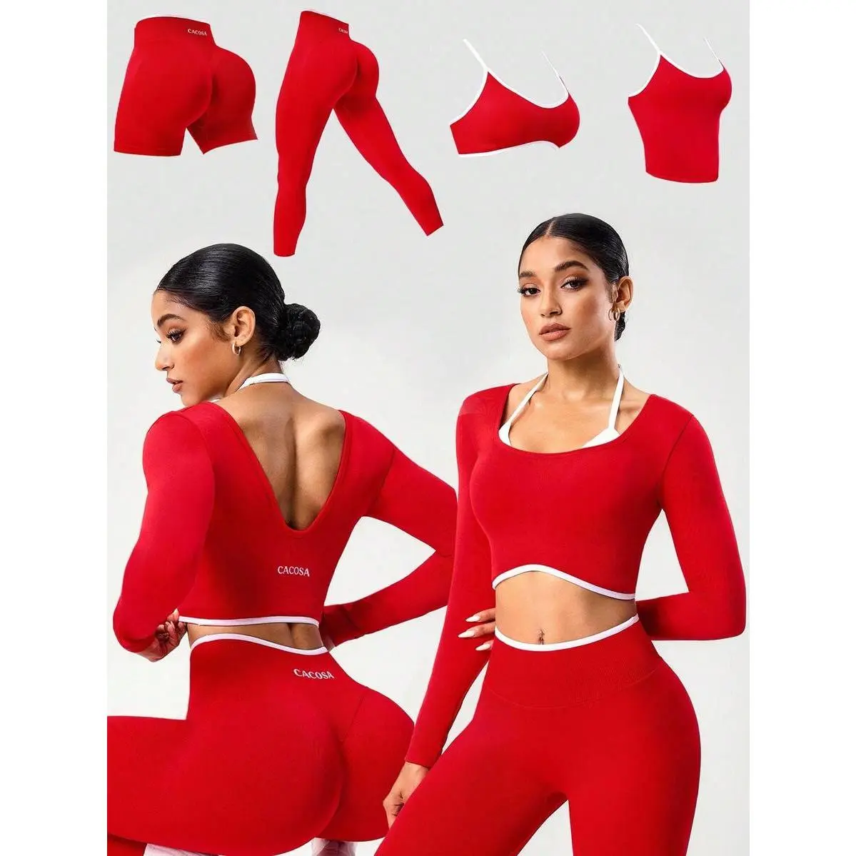 Women's Seamless Red Workout Set,2 In 1 Long Sleeve Athletic T-Shirt,Red And White Striped,Gym Sets Women,Yoga Activewear,2 Piece Set,Sports,Bra,Leggings,Backless,Halter,Crop,Scrunch,Butt,stylish,,daily,outfit,,Insulated,Hunting,Camo,mfvim,woman,,