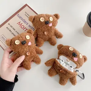 Fuzzy Button Bear Earphone Case for Apple Wireless Earbuds, Sporty Protective Gear for Gen 1-4, Soft Shockproof Shell for Earbuds Protection