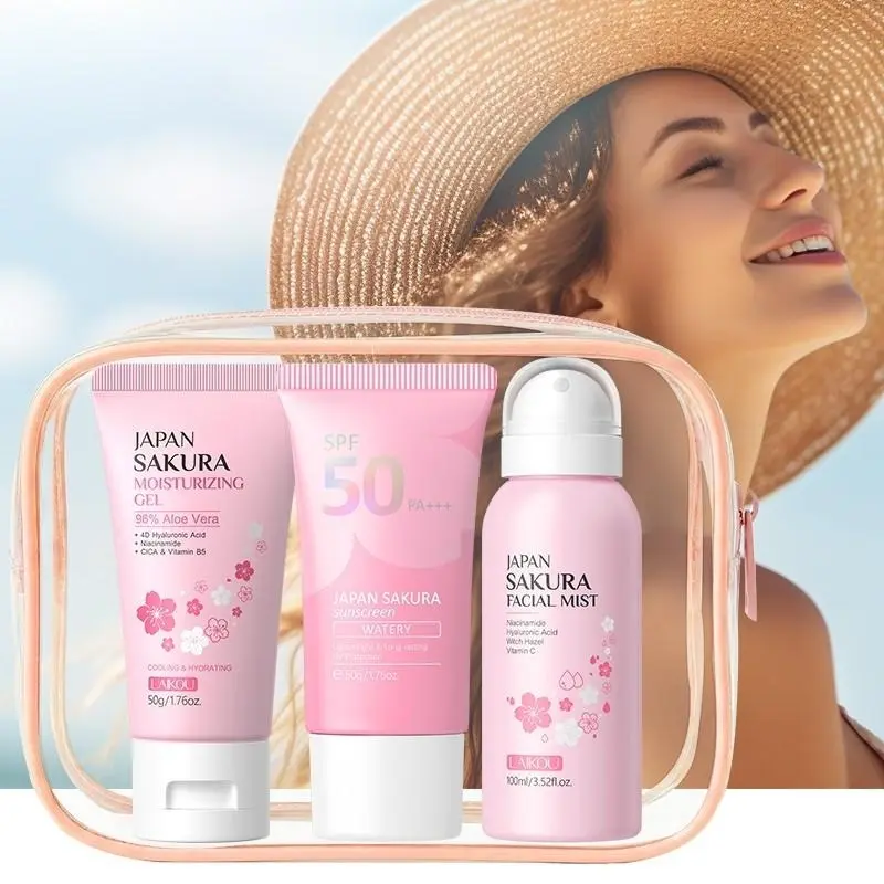 Japan Sakura 3-in-1 Sun Protection Kit SPF50 PA+++ | Lightweight Sunscreen Lotion, Sunscreen Moisturizer, Soothing Aloe Gel, Refreshing Facial Mist, Daily Outdoor Travel Skincare Set for Women