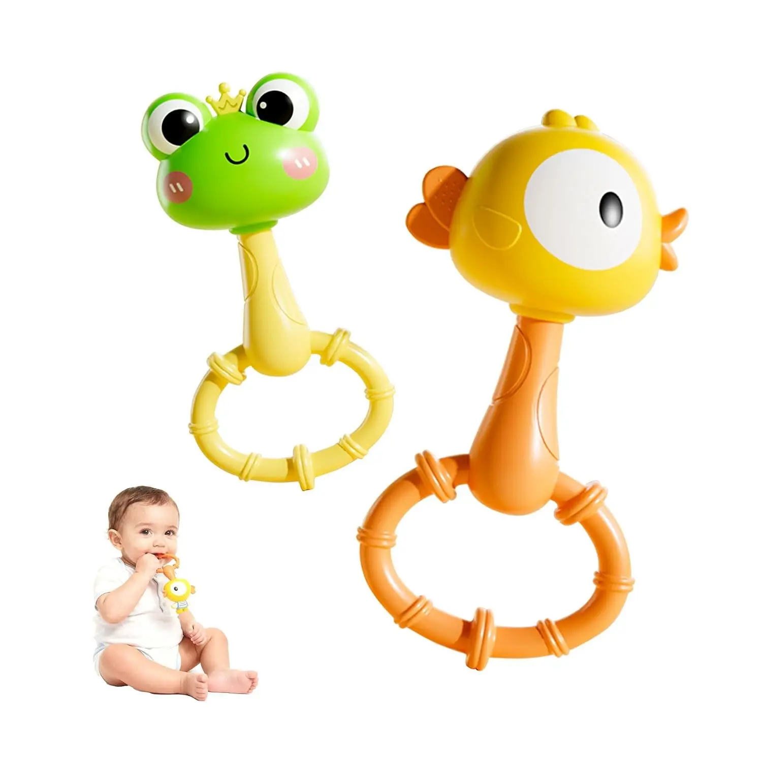 Silicone Baby Rattles Teether 2 Pack - BPA-Free Sensory Maracas Teething Toys for Infants 0-12 Months, Frog & Chick Newborn Gift for Boys and Girls(Gift)
