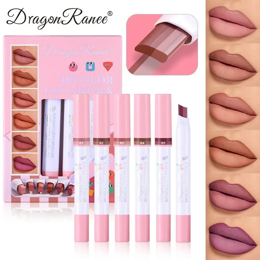 Dragon Ranee Dual-Tone Lip Brush Set, 6 Colors Matte Long-Lasting Lipstick Pen, Non-Sticky Glossy Lip Gloss Gift Box, Daily Makeup for Women
