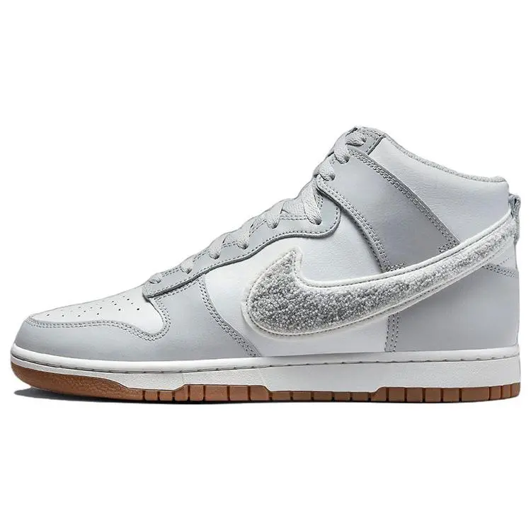 Nike Dunk High Men's Gray and White Chenille Swoosh Basketball Shoes Verifiable, with credentials and supporting global authentication