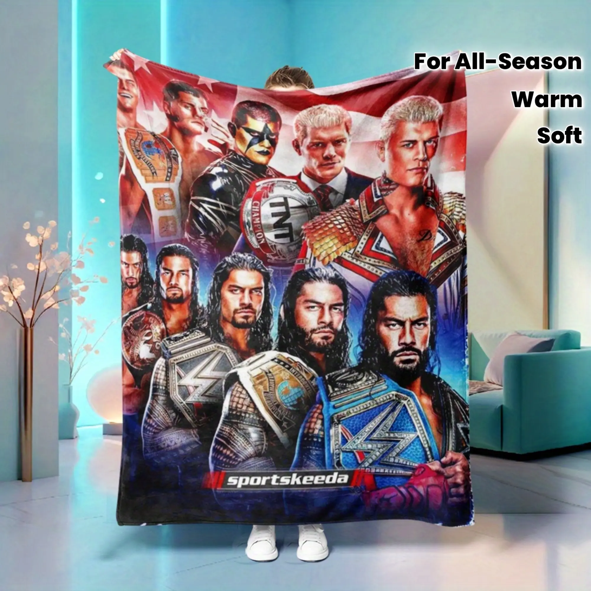 Roman Reigns-Cody Rhodes Portrait Print American Flag Blanket, Anti-Pilling Soft Flannel Lightweight 1-Piece Throw, Sports Entertainment Room Decor Gift for Home & Travel, Bedroom Decor Ideas